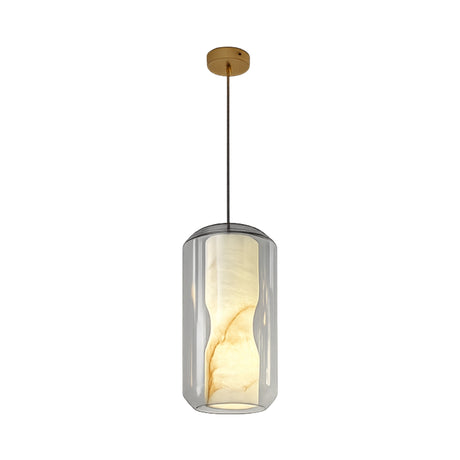 The Caldris 1 Light Faceted Alabaster Single Pendant Light - Soft White features a cylindrical glass shade with a marbled inner diffuser, suspended from a thin black cord and gold ceiling mount, for modern elegance.