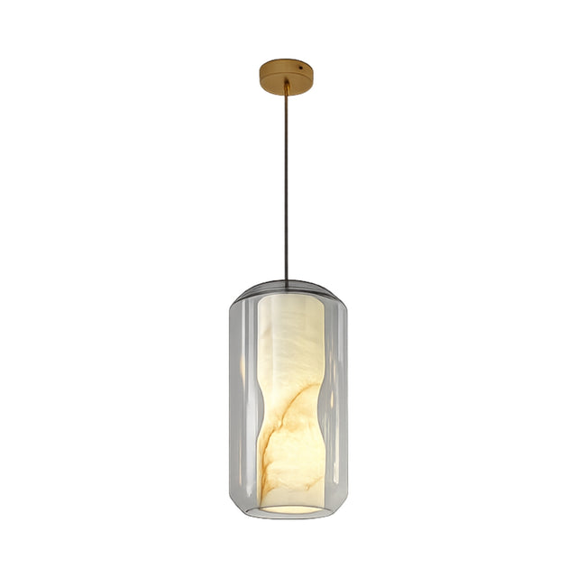 The Caldris 1 Light Faceted Alabaster Single Pendant Light - Soft White features a cylindrical glass shade with a marbled inner diffuser, suspended from a thin black cord and gold ceiling mount, for modern elegance.