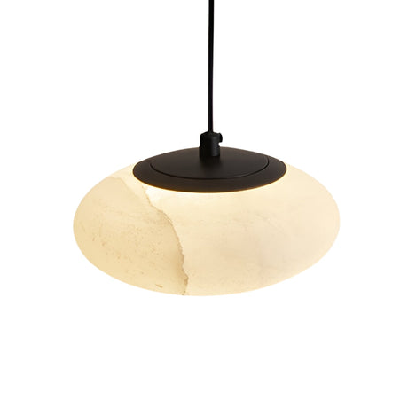 The Solenne 1 Light Small Minimal Orb Alabaster Single Pendant Light features a smooth, round soft white stone shade with a matte black top, suspended by a black cord against a white background.