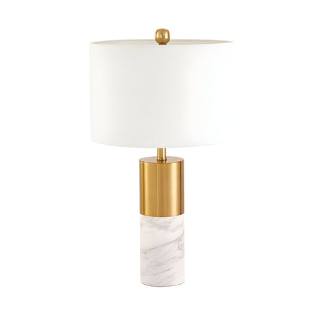 The Valmora 1 Light Monolith Marble Table Lamp features a cylindrical white marble base, brass accents, and a large white drum shade, adding modern elegance to any space.