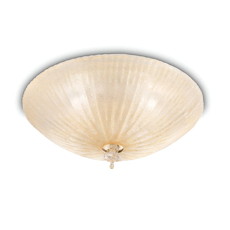 The Sapphire 6 Light Ceiling - Brass is a frosted glass ceiling light fixture that showcases a ribbed, dome-shaped design with subtle textured patterns. It features a brass decorative element hanging from the center and mounts flush against the ceiling for an elegant and seamless look.
