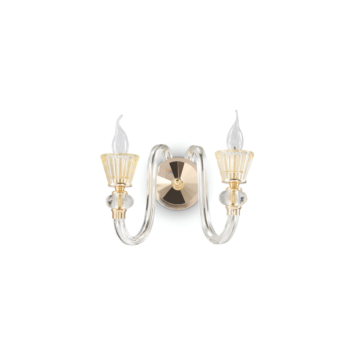 The Nexus 2 Light Wall Light - Clear features two candle-shaped bulbs set in rose gold and glass holders, complemented by a decorative base. Its elegantly curved arms exude vintage charm, highlighted by striking rose gold accents.