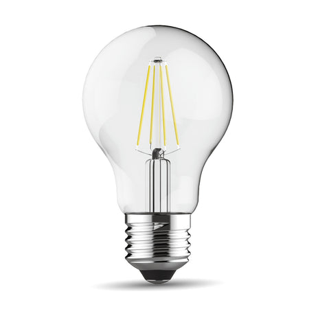 Clear pear-shaped E27 LED filament bulb with visible vertical filaments, silver screw cap, 6.5W dimmable, 3000K warm white, shown on a plain white background.