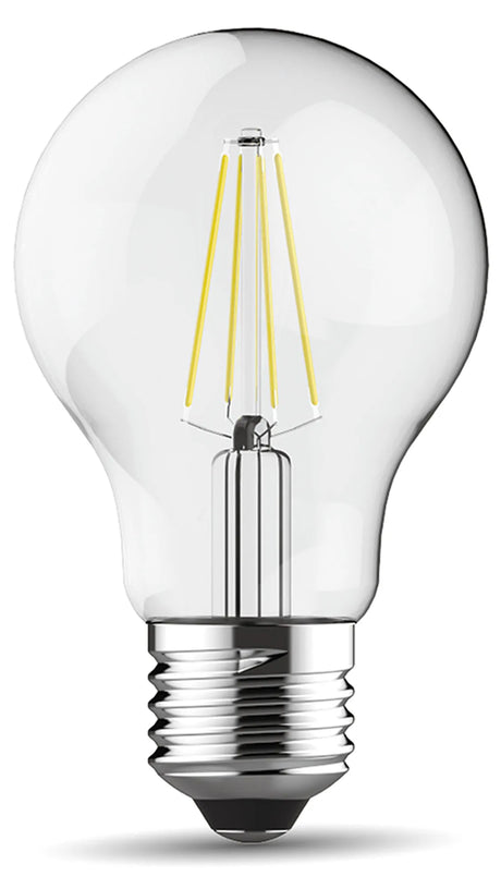 Clear pear-shaped E27 LED filament bulb with visible vintage-style filaments and silver screw cap, shown on a plain white background.