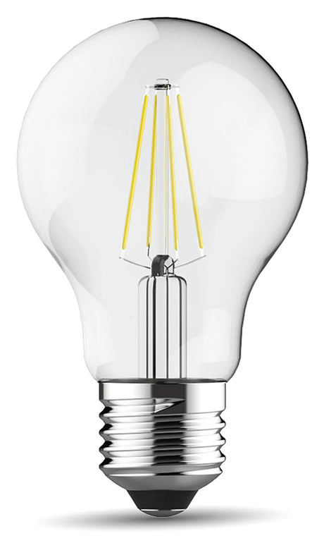 Clear-glass GLS LED filament bulb with visible vertical filaments and E27 screw cap, 6.5W dimmable, 6000K daylight, shown on a plain white background.