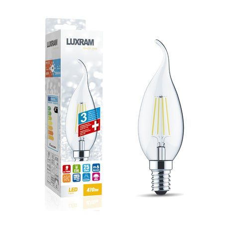 E14 bent-tip candle LED bulb with clear glass and visible filament, shown beside its Luxram packaging on a white background, 4W dimmable, 4000K neutral white.