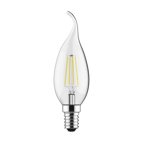E14 bent-tip candle LED bulb with clear glass and visible filament, chrome-finish cap, dimmable, 4W, 4000K, shown on a plain white background.