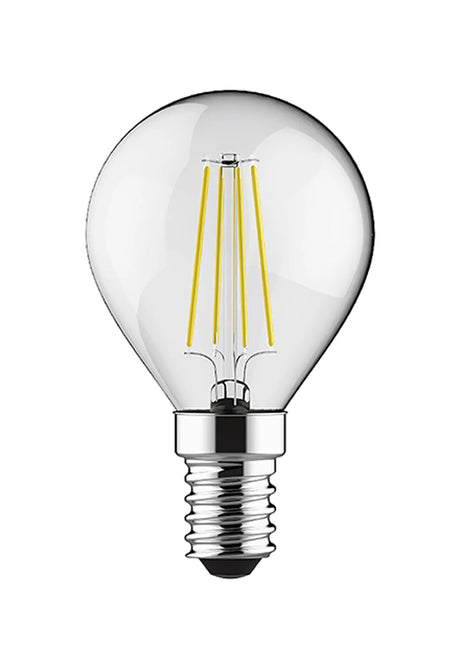 Clear round golf ball LED bulb with visible filament and E14 screw cap, shown on a plain white background.