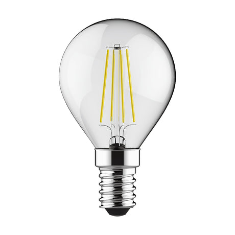 Clear glass golf ball LED bulb with visible filaments and E14 screw cap, 4W dimmable, 6000K daylight white, shown on a plain white background.