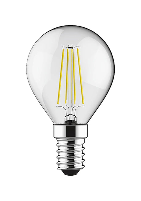 Clear golf ball LED filament bulb with visible vertical filaments, E14 screw cap, and chrome base, shown on a plain white background.