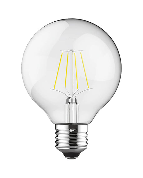 Clear glass E27 globe bulb, 80mm, with visible vintage-style filaments, shown on a plain white background.
