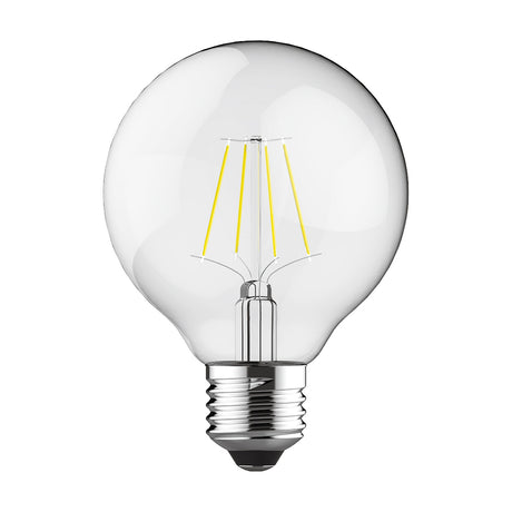 Clear glass E27 globe LED bulb, 80mm, with visible vintage-style filaments, dimmable, 4000K cool white, shown on a plain white background.