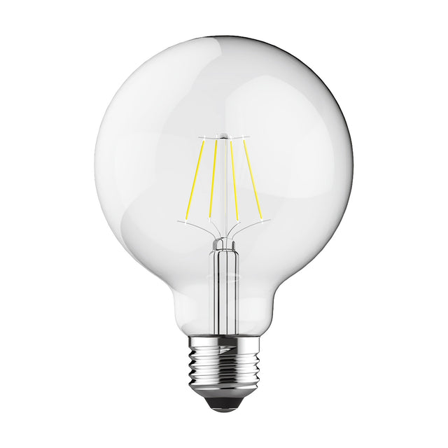 Clear glass E27 globe LED bulb, 95mm, with visible vintage-style filaments and screw cap, shown on a plain white background.