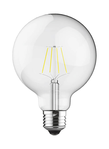 Clear E27 globe LED bulb, 95mm, with visible vintage-style filaments and chrome screw cap, shown on a plain white background.