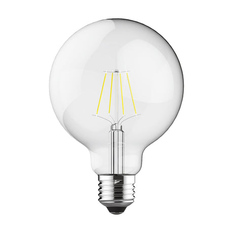 Clear glass G95 globe LED bulb with visible vintage-style filaments and E27 screw cap, shown on a plain white background, 6.5W dimmable, 4000K cool white.