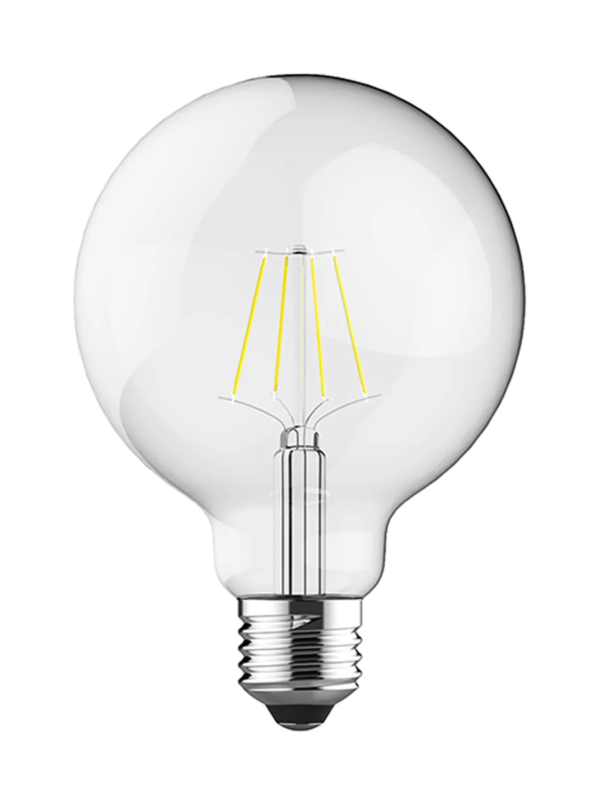 Clear glass G95 globe LED bulb with visible vintage-style filaments and E27 screw cap, shown on a plain white background.