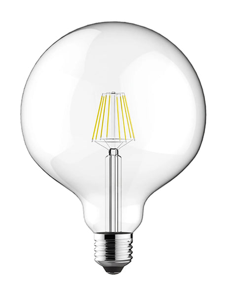 Clear glass G120 globe LED bulb with visible vertical filaments and E27 screw cap, shown on a plain white background, 6.5W dimmable, 4000K.