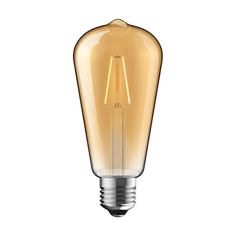 Vintage-style E27 LED bulb, 2W amber glass with visible filament and tapered ST64 shape, silver screw cap, shown on a plain white background.
