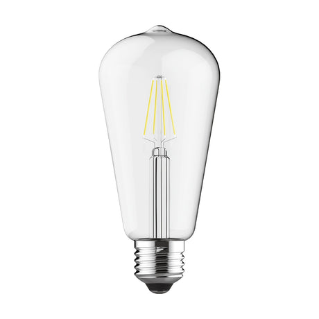 Clear glass E27 LED filament bulb, ST64 vintage shape with drawn tip crown and chrome screw cap, warm white 2700K, shown on a plain white background.