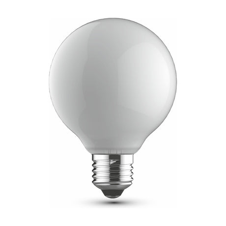 Round E27 globe bulb in opal glass finish with silver-tone screw cap, 80mm dimmable design shown on a plain white background.