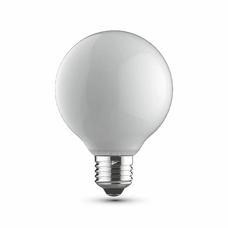 E27 globe dimmable bulb, 80mm opal glass sphere with chrome screw cap, 6.5W 2700K warm white, shown on a plain white background.