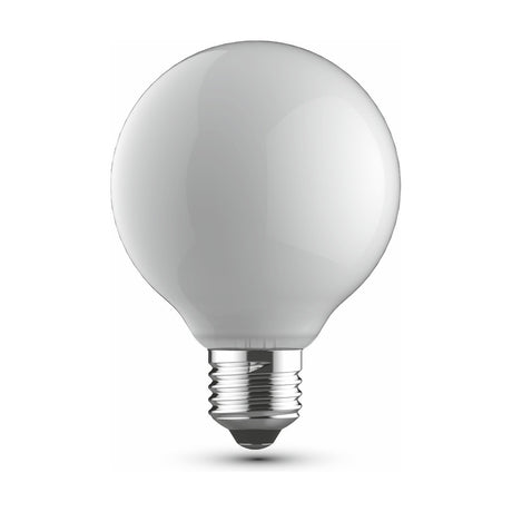 Opal glass G80 globe LED bulb with E27 screw fitting, 6.5W dimmable, 4000K cool white, shown on a plain white background.