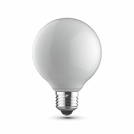 E27 globe LED bulb with opal glass sphere, 80mm, dimmable, 6.5W, 4000K cool white, chrome screw cap, shown on a plain white background.