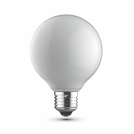 Opal glass G95 globe bulb with E27 metal cap, dimmable, 6.5W, 2700K warm white, shown on a plain white background.