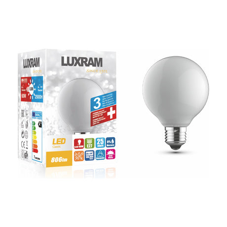 Opal glass globe LED bulb with E27 metal screw fitting, 95mm round shape, shown beside its Luxram packaging on a plain white background.