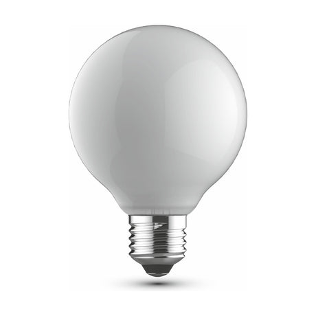 E27 globe LED bulb with opal glass finish, 95mm round shape, chrome metal screw cap, dimmable, 4000K cool white, shown on a plain white background.