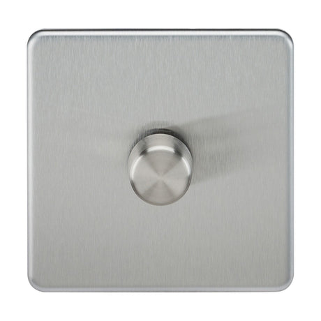 Introducing the 1 Gang 2-Way 10-200W (5-150W LED) Intelligent Dimmer in Brushed Chrome. This dimmer switch boasts a square format with a round, central knob and a screwless, low-profile design that exudes minimalist and modern appeal. It features smooth edges and a reflective brushed chrome finish, offering a versatile solution compatible with both trailing-edge and leading-edge modes.