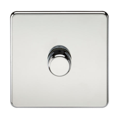 A 1 Gang 2-Way Intelligent Dimmer with a power capacity of 10-200W (5-150W for LED) features a square, polished chrome finish. The dimmer switch showcases a round knob placed centrally on a smooth, reflective plate. Its minimalist and sleek aesthetic is accentuated by the screwless low profile design.