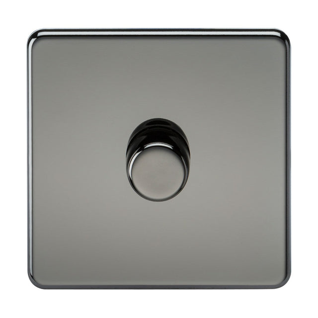 The 1 Gang 2-Way 10-200W (5-150W LED) Intelligent Dimmer features a sleek metallic square light switch with a central round dimmer knob, smooth surface, and black nickel finish, offering a minimalistic and modern design that is both functional and stylish.