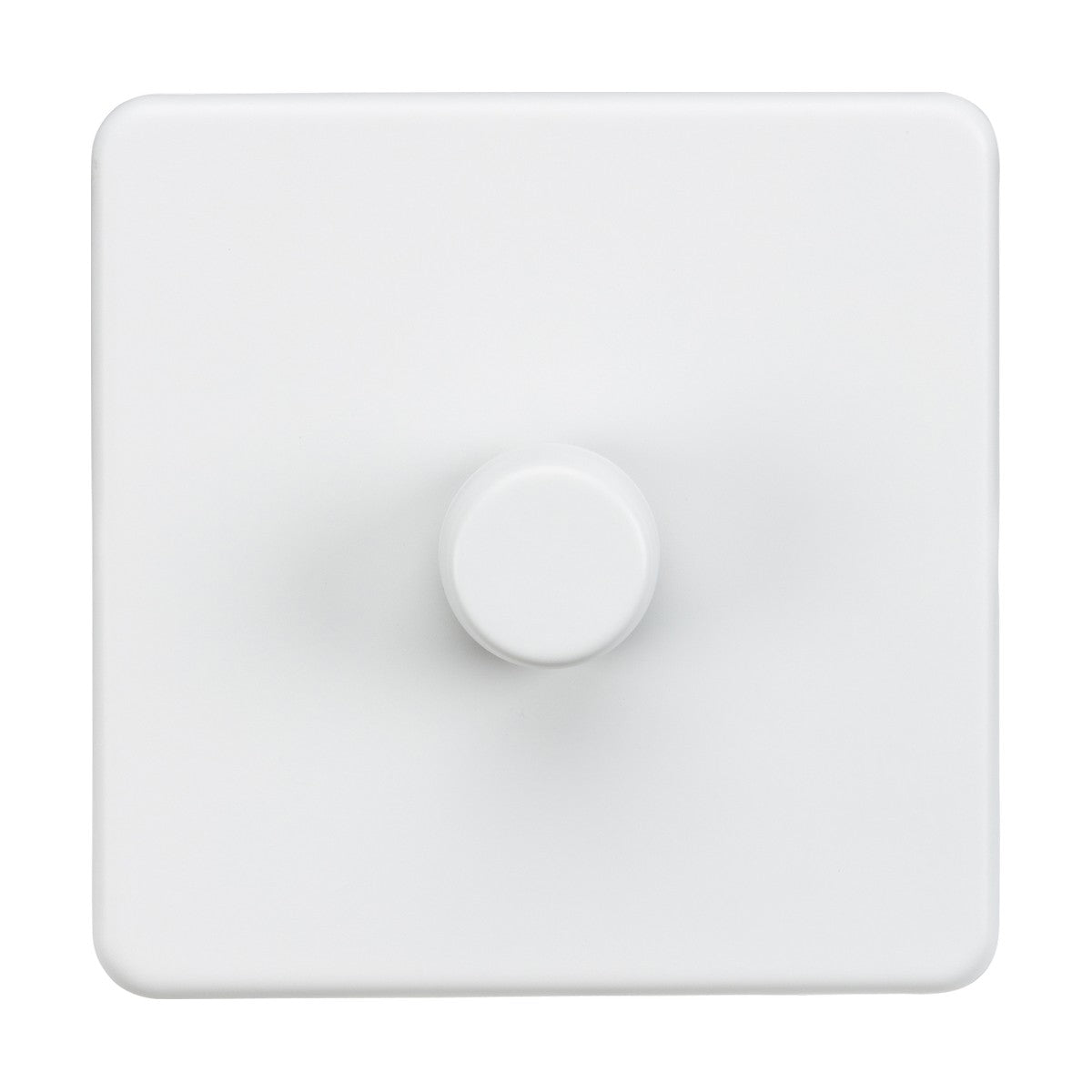 The 1 Gang 2-Way Intelligent Dimmer in screwless matt white features minimalist design with a central circular knob, allowing rotary push on/off dimming for simplicity and modern elegance.