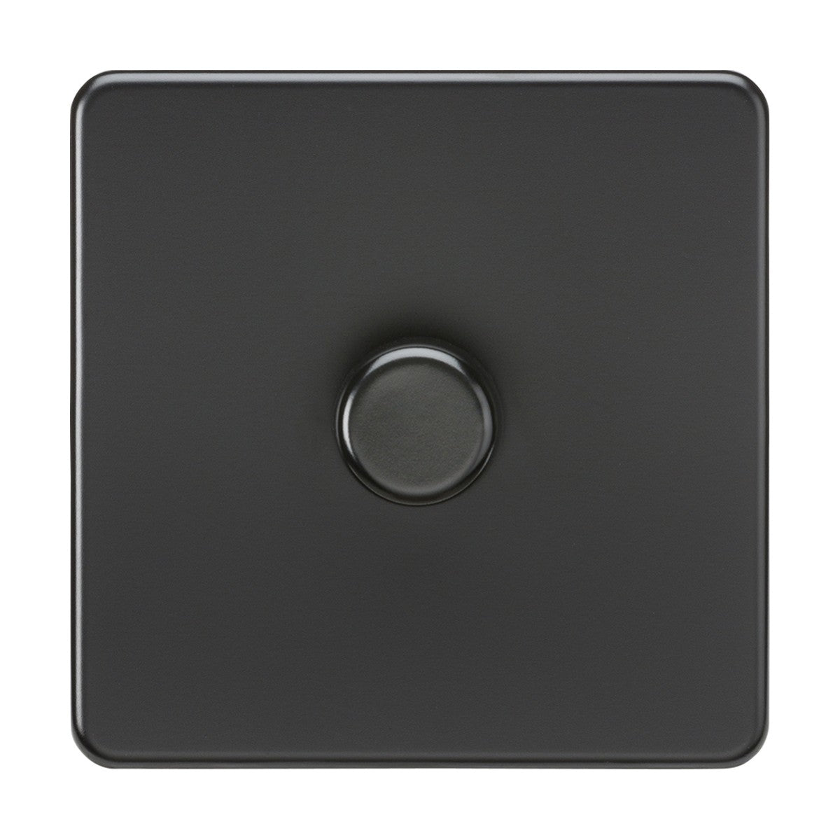 The 1 Gang 2-Way Intelligent Dimmer in matt black features screwless, rounded edges and a central circular knob, showcasing a minimalist design.