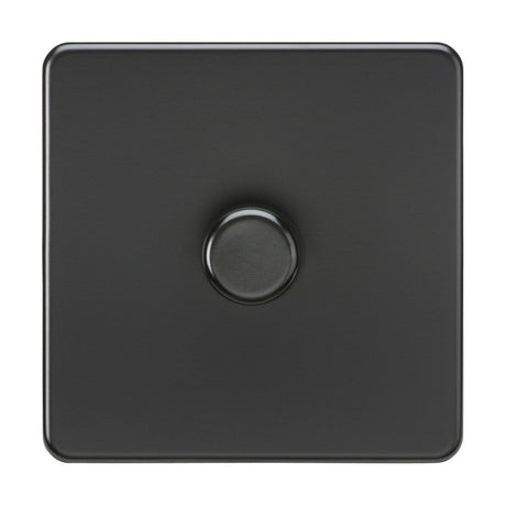 The 1 Gang 2-Way Intelligent Dimmer in matt black features screwless, rounded edges and a central circular knob, showcasing a minimalist design.