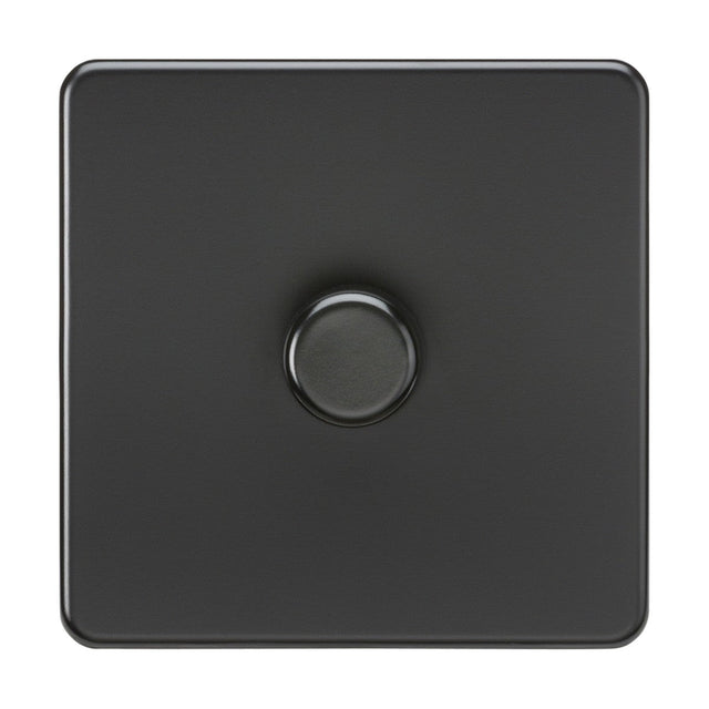 The 1 Gang 2-Way Intelligent Dimmer in matt black features screwless, rounded edges and a central circular knob, showcasing a minimalist design.