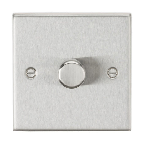 The 1 Gang 2-Way Intelligent Dimmer in brushed chrome boasts a sleek, minimalist design with a central rotary knob and two visible screw heads flanking each side.