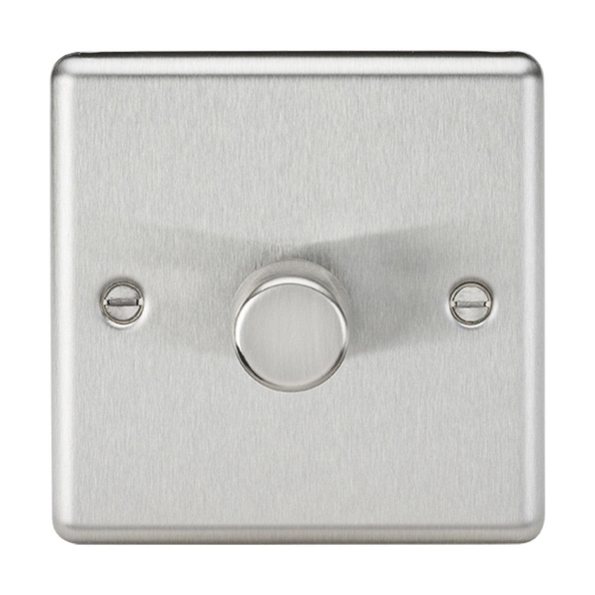 The 1 Gang 2-Way 10-200W (5-150W LED) Intelligent Dimmer in Brushed Chrome features a round, central knob in trailing-edge mode and two screws on either side that secure its square plate to the wall. Its brushed chrome surface is perfect for dimmable lamps.