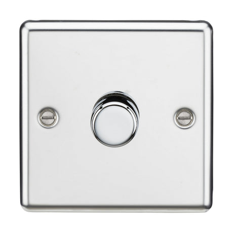 The 1 Gang 2-Way 10-200W (5-150W LED) Intelligent Dimmer in polished chrome showcases a minimalist and modern design with its sleek rotary dimming control at the center. The rounded edge plate is secured to the wall with two visible screws on either side.