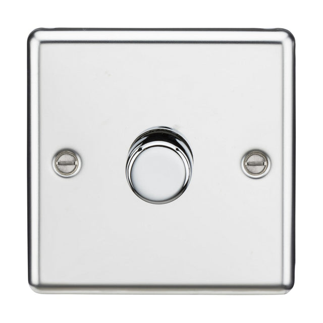 The 1 Gang 2-Way 10-200W (5-150W LED) Intelligent Dimmer in polished chrome showcases a minimalist and modern design with its sleek rotary dimming control at the center. The rounded edge plate is secured to the wall with two visible screws on either side.