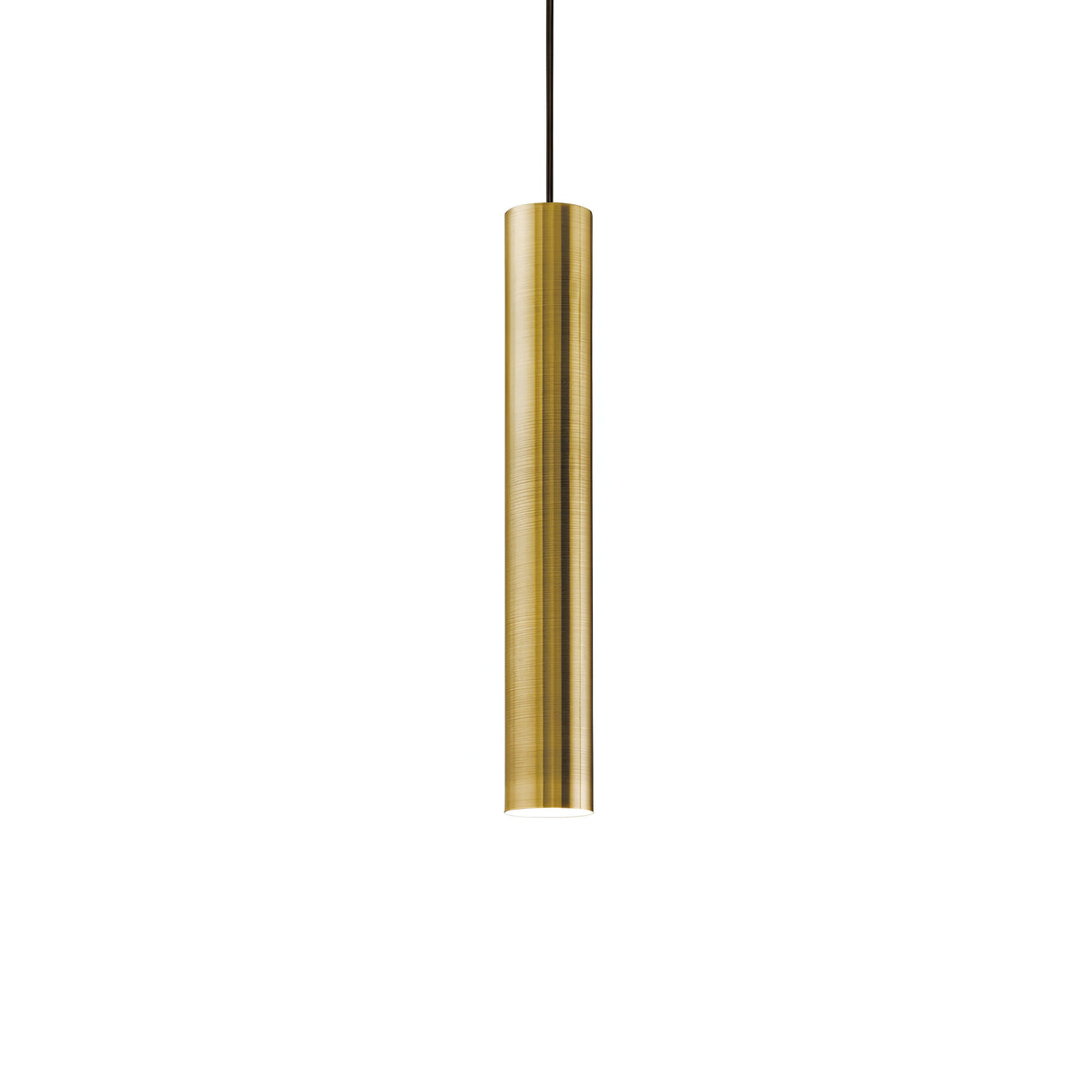 The Noctis 1 Light Pendant in Antique Brass, featuring a matte finish and an adjustable fabric cable, hangs elegantly from a black cord, serving as a striking accent against a plain white background.