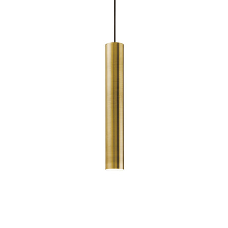 The Noctis 1 Light Pendant in Antique Brass, featuring a matte finish and an adjustable fabric cable, hangs elegantly from a black cord, serving as a striking accent against a plain white background.
