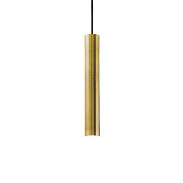 The Noctis 1 Light Pendant in Antique Brass, featuring a matte finish and an adjustable fabric cable, hangs elegantly from a black cord, serving as a striking accent against a plain white background.