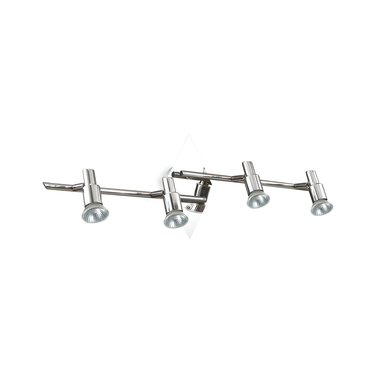 The Crest Quad Bar Spotlight - Chrome is a modern wall-mounted light fixture with two adjustable arms that each feature chrome spotlights. Its sleek, contemporary design is perfect for directing energy-efficient lighting in multiple directions.