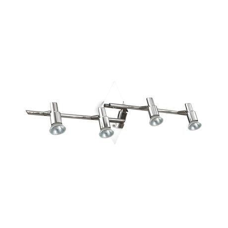 The Crest Quad Bar Spotlight - Chrome is a modern wall-mounted light fixture with two adjustable arms that each feature chrome spotlights. Its sleek, contemporary design is perfect for directing energy-efficient lighting in multiple directions.