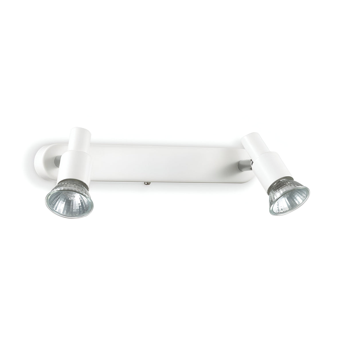 The Crest Twin Bar Spotlight in white is a contemporary ceiling fixture featuring GU10 bulbs and adjustable spotlights. Its sleek, minimalist design includes cylindrical bulb holders on a horizontal rectangular base, with the bulbs showcasing a metallic, reflective finish.