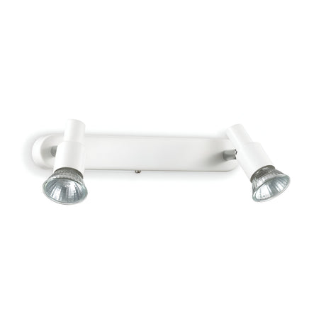 The Crest Twin Bar Spotlight in white is a contemporary ceiling fixture featuring GU10 bulbs and adjustable spotlights. Its sleek, minimalist design includes cylindrical bulb holders on a horizontal rectangular base, with the bulbs showcasing a metallic, reflective finish.