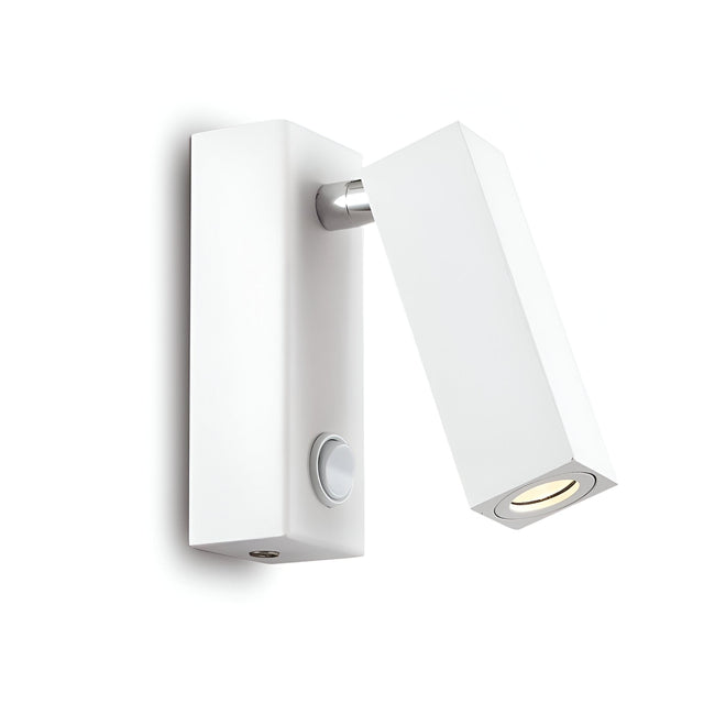 The Glade Single LED Square Spotlight 3W 3000K in white offers a modern, wall-mounted design with an adjustable rectangular head and a round button on its sleek, minimalist base. This fixture includes an adjustable diffuser and emits a cozy 3000K warm light, making it perfect for adding comfort to any space.