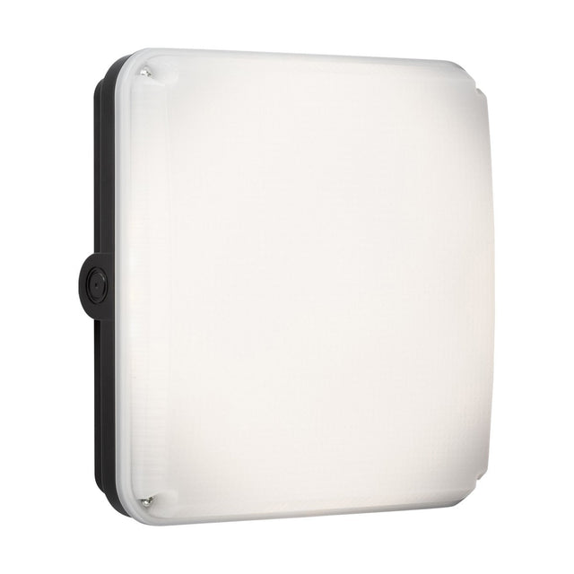 The TENAX One Square Bulkhead Casing - Black is a white LED light fixture in a square shape, accented with a black border, and crafted from durable polycarbonate. It features a smooth frosted surface. Its simple, modern design is sleek and weatherproof with an IP65 rating, making it suitable for both indoor and outdoor use.